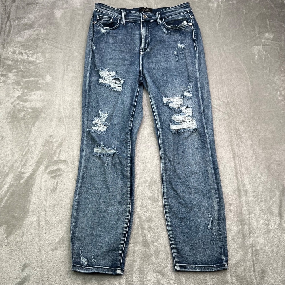 Judy Blue Jeans Womens 29 Blue Boyfriend High Rise Medium Wash Ripped Denim‎